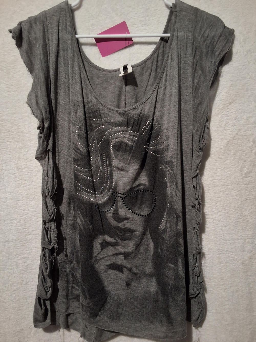 cleo Gray Graphic Scoop Neck Top with Stud Accents